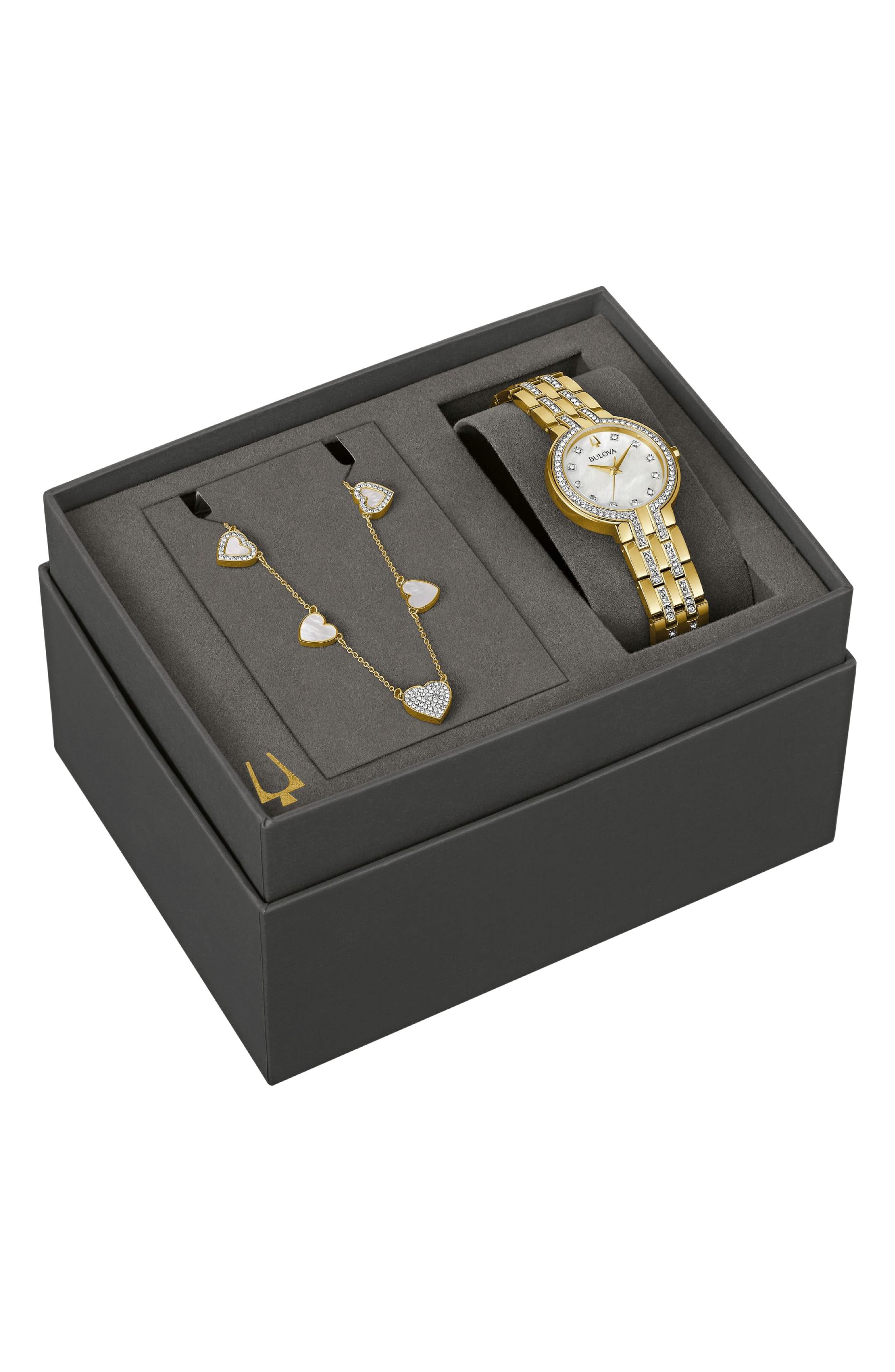 BULOVA Crystal Collection Bracelet Watch & Station Necklace Set, 30mm