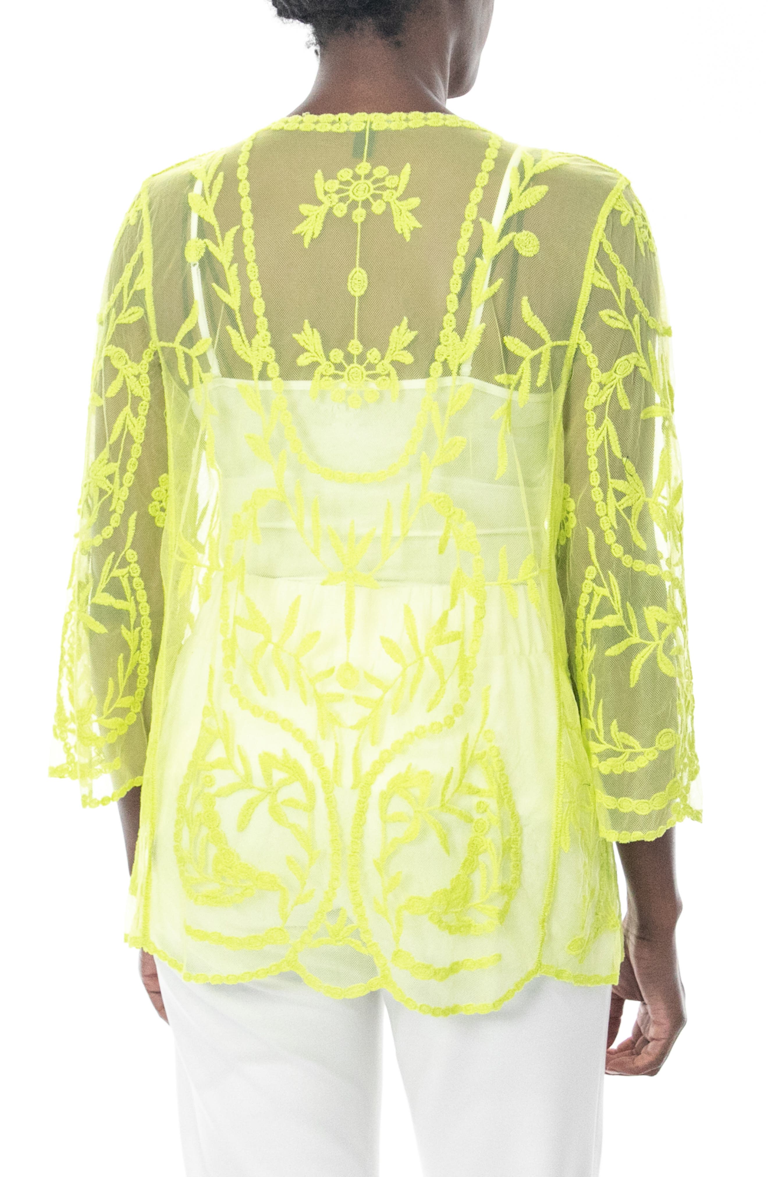Nina Leonard Embroidered Mesh Open Front Shirt