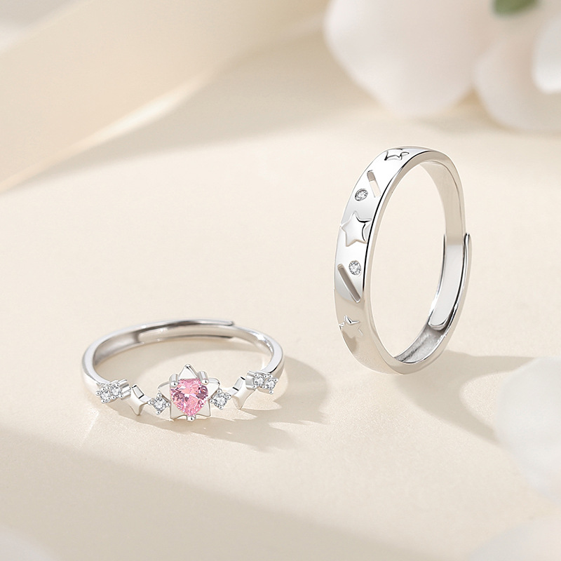 Original design, star-themed couple rings, made of 925 sterling silver, featuring a minimalist and luxurious style with delicate cubic zirconia accents, suitable for both men and women
