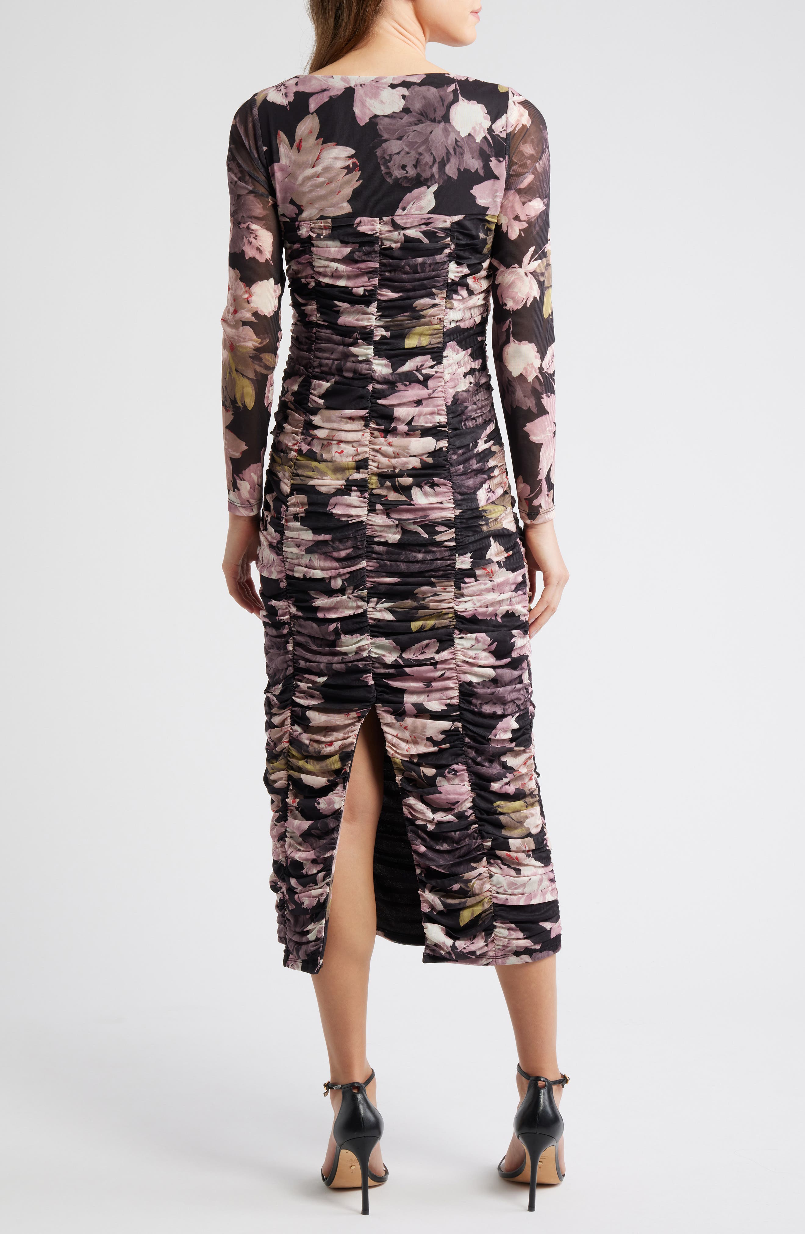 AK ANNE KLEIN Floral Long Sleeve Ruched Midi Dress