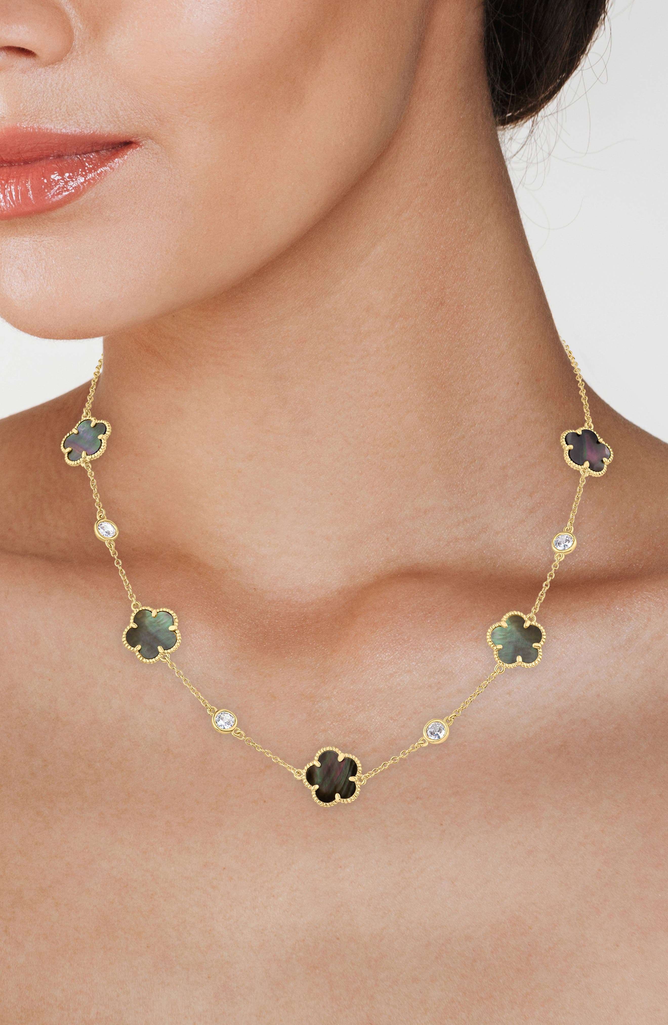 CZ by Kenneth Jay Lane Cubic Zirconia & Enamel Clover Station Necklace