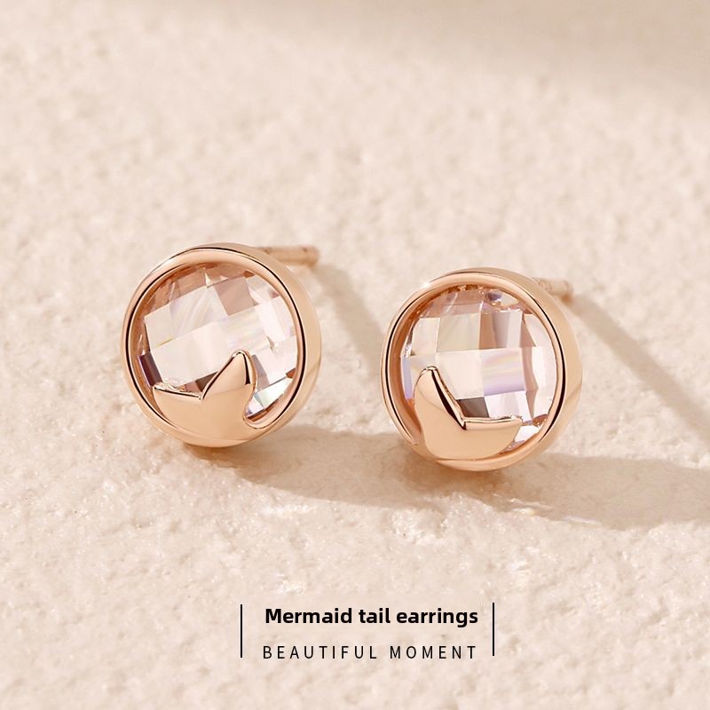 Original mermaid tail earrings, women’s sterling silver, round geometric cubic zirconia earrings, summer Korean-style, delicate and fresh earrings