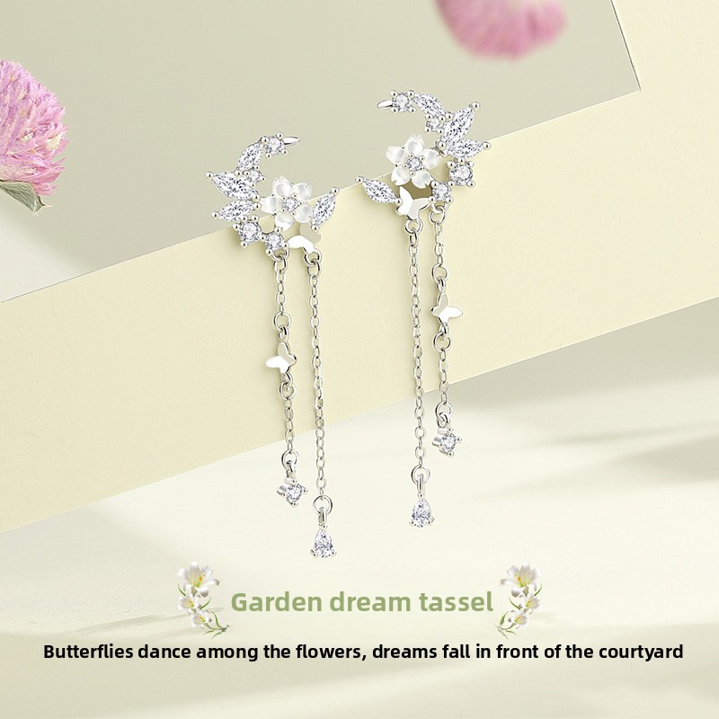 Original 925 sterling silver garden dream tassel earrings for women, zircon and mother-of-pearl flower earrings, niche design earrings