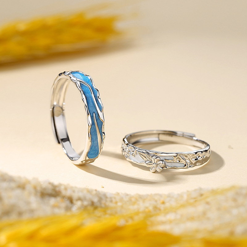 Original Spring Flower and Moon Couple Rings, Unique Design, 925 Sterling Silver Rings, Forest-Style Enamel and Resin Rings, for Men and Women