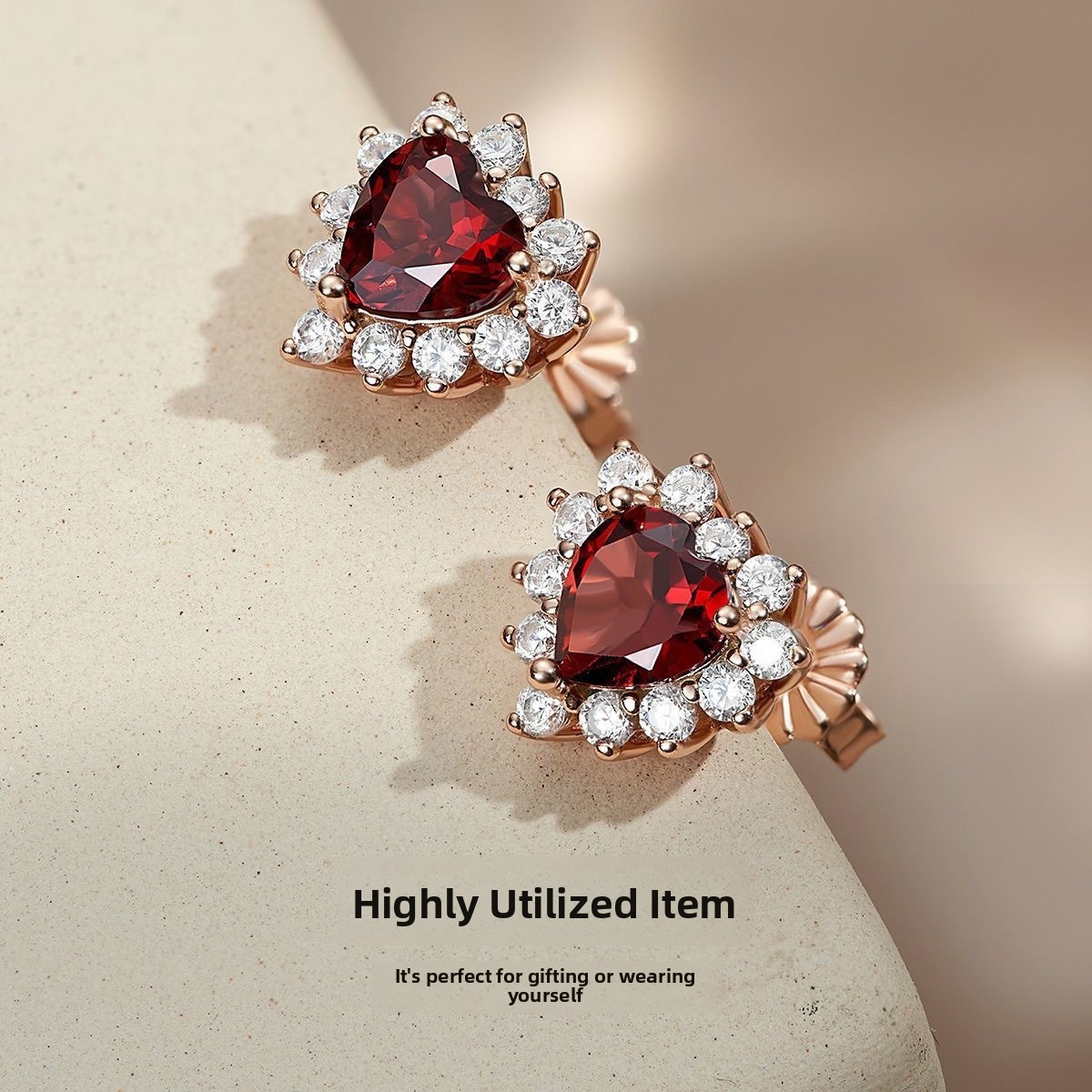 S925 sterling silver heart-shaped red garnet earrings, a trendy and unique design, perfect as a gift for the Qixi Festival, exuding a sophisticated and elegant vibe