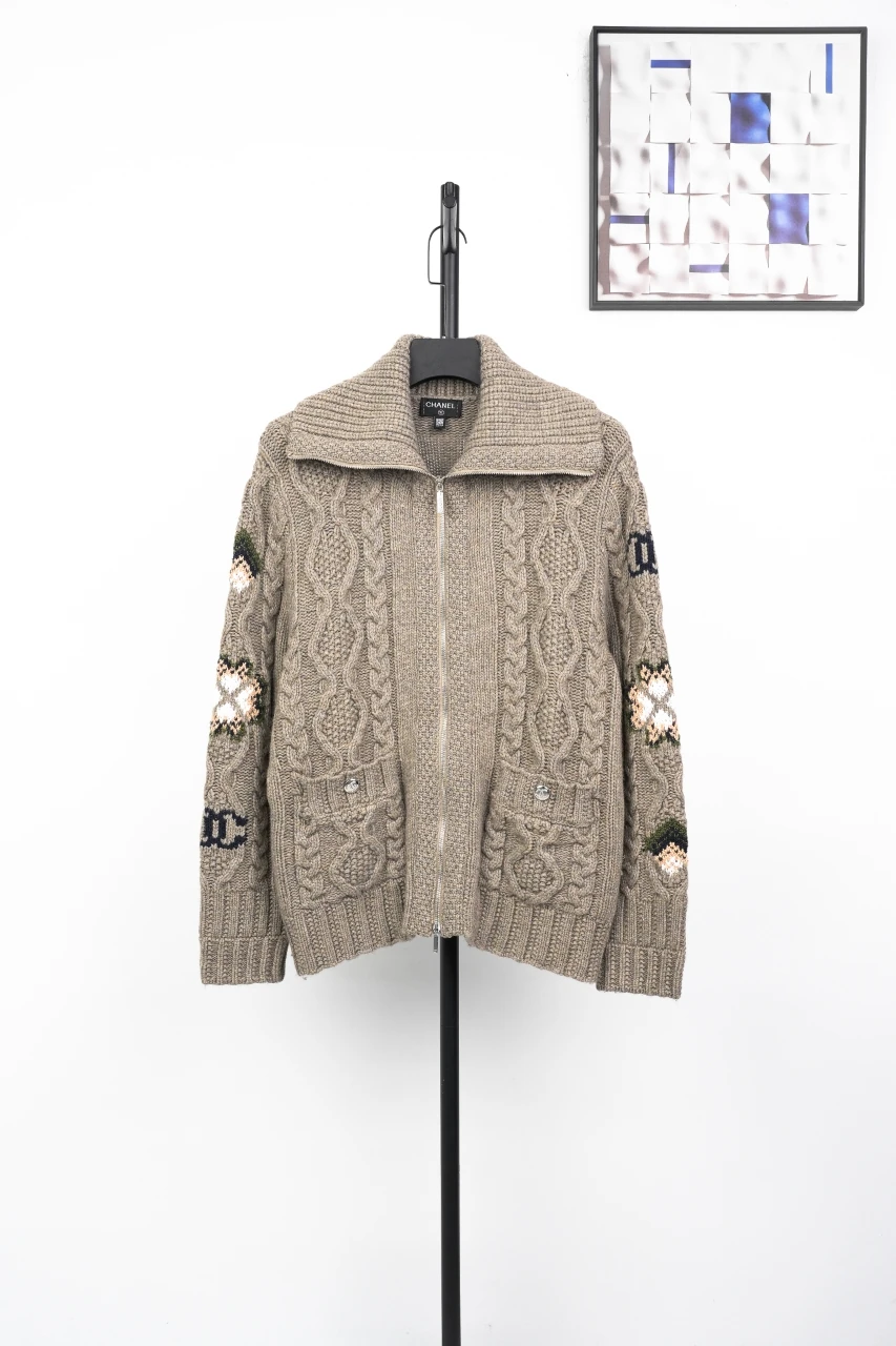 CHANEL Taupe Grey Cable-Knit Zip Jacket product photo from LabelPicks