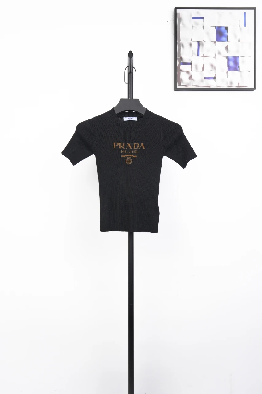 Prada Black Gold Logo Embroidered Half-Sleeve Knit Top product photo from LabelPicks