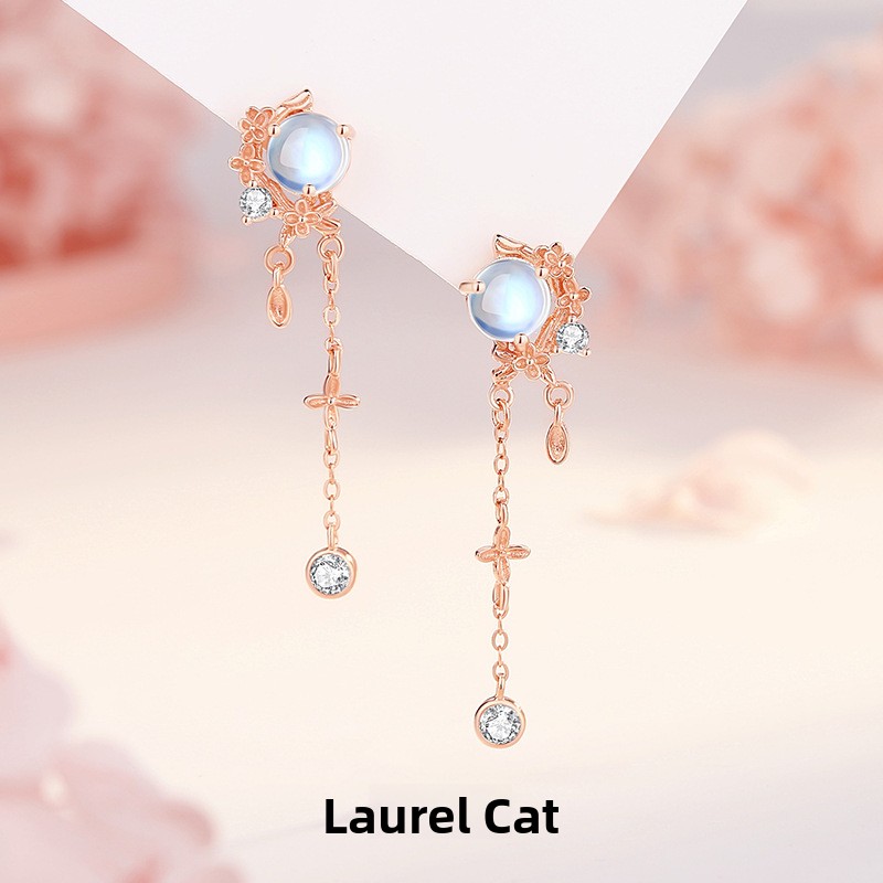 Original forest-style floral long earrings for women, with a high-end feel, made of 925 sterling silver, featuring a fresh and delicate moonstone tassel design, in an Instagram-inspired style