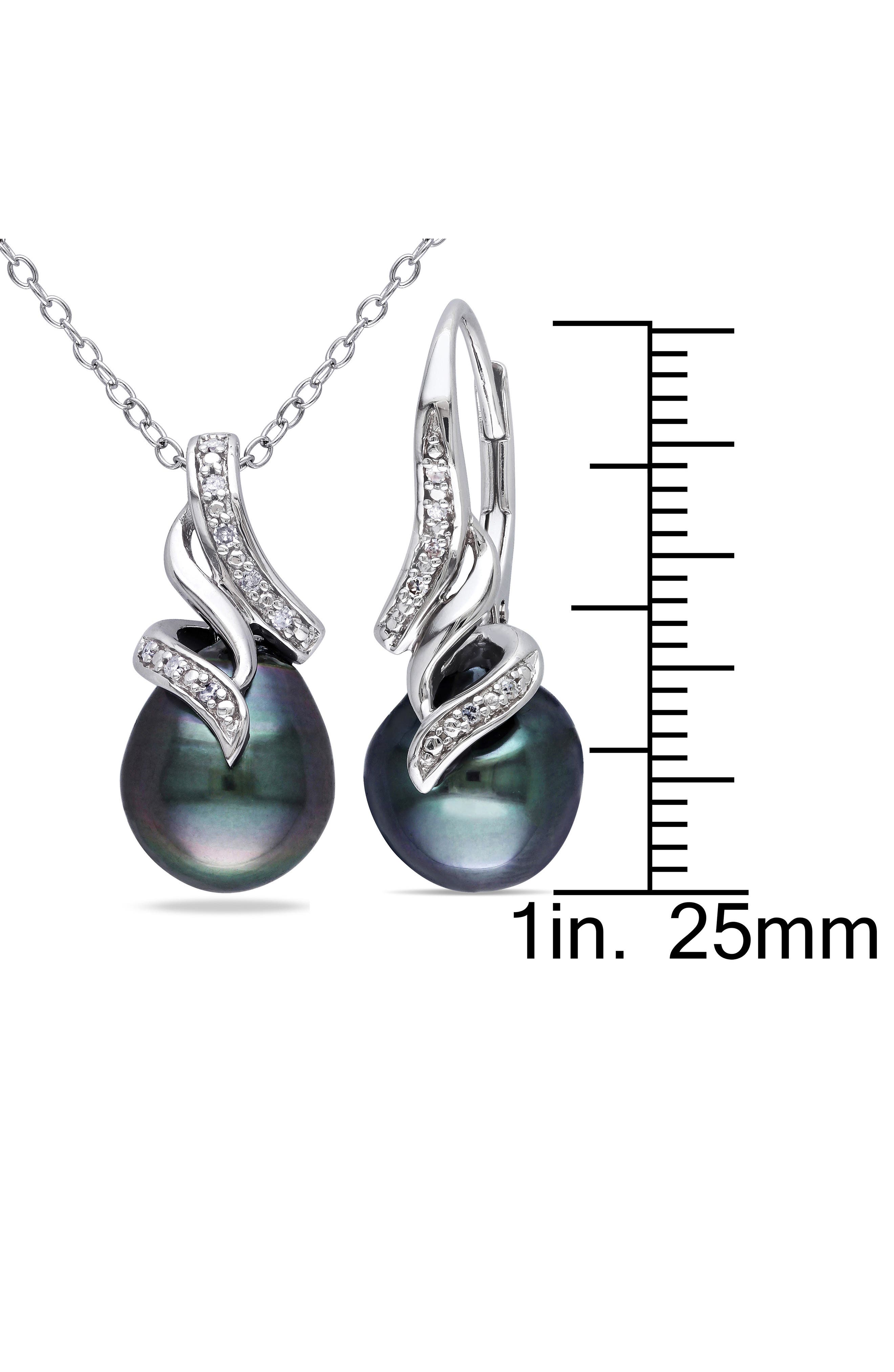 DELMAR 9-9.5mm Black Tahitian Pearl & Diamond Pendant Necklace & Earrings Set