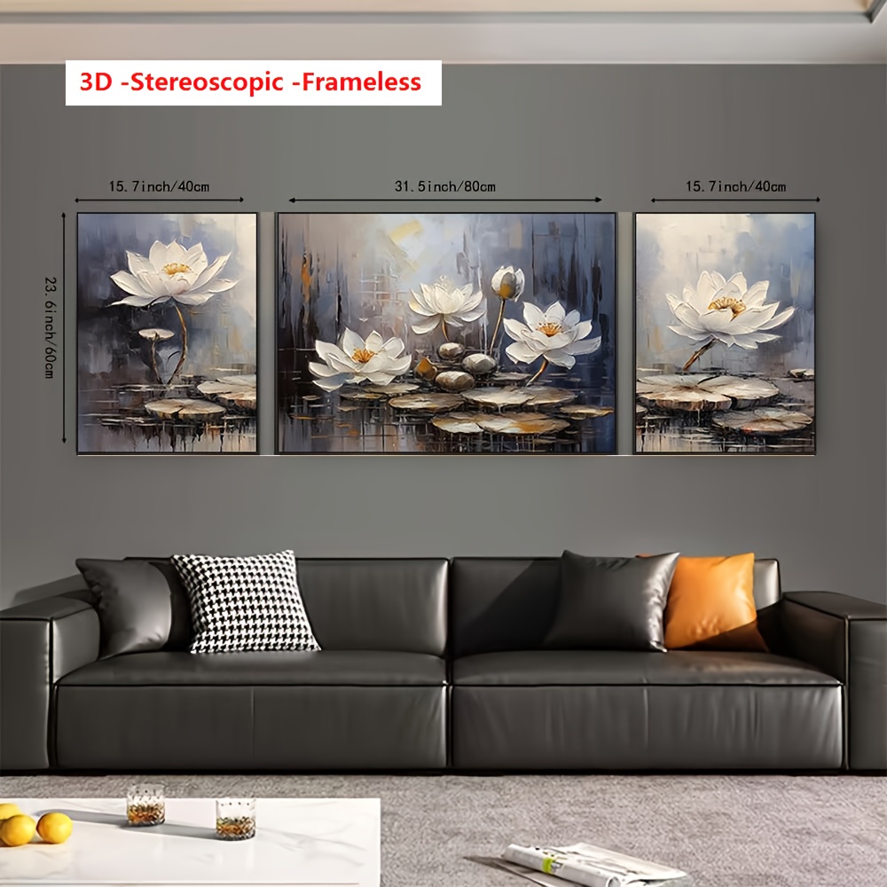 3D Stereoscopic Frameless Hand-Painted Lotus Triptych |   High-Quality 3-Piece Joint Oil Painting with Thick Knife Texture |   Modern Wealth Attraction Art for Living Room, Bedroom, Entrance Hall |   Large Multiple Sizes, Ready to Hang