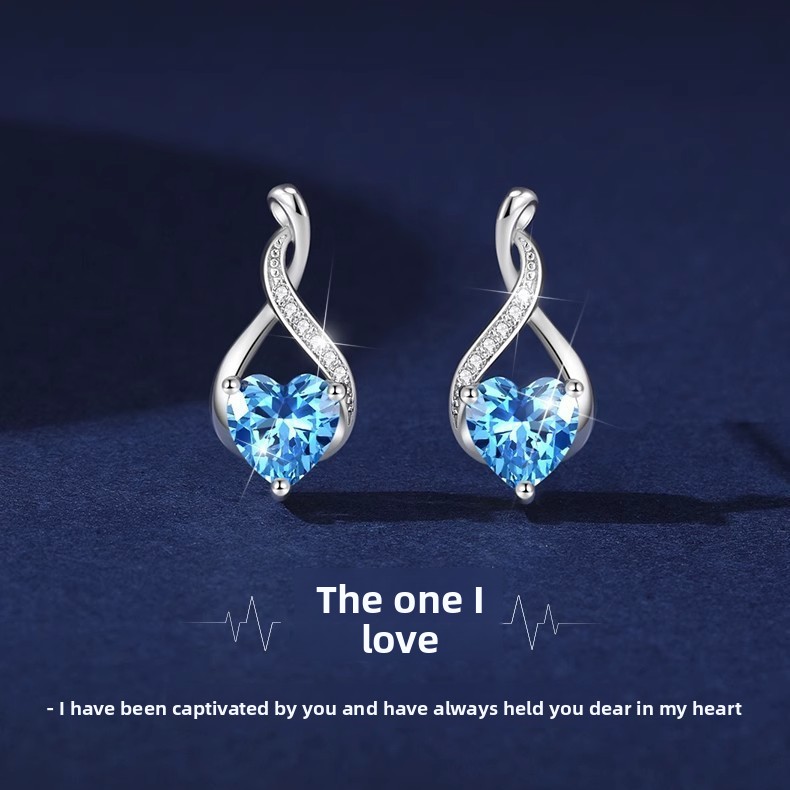 S925 sterling silver heart-shaped earrings for women, elegant and versatile, featuring a Möbius strip design with a small fish and heart-shaped cubic zirconia