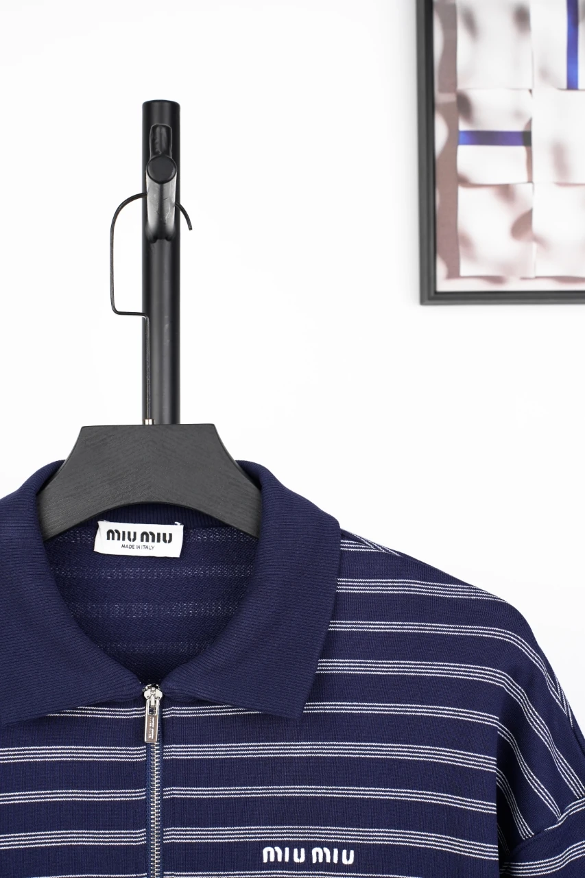 Miu Miu Navy Stripe Logo Half Zip Polo Sweatshirt product photo from LabelPicks