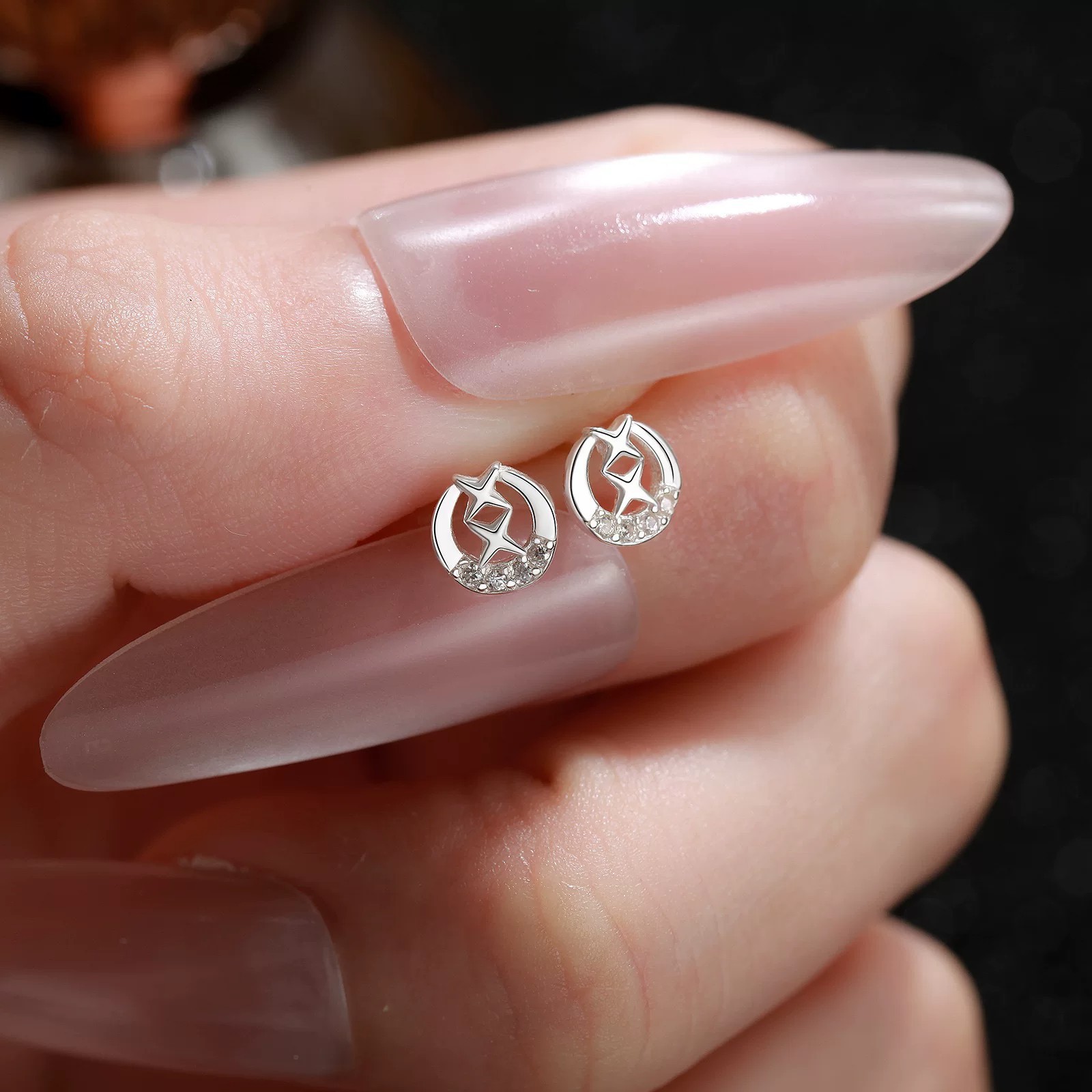 Four-pointed star sterling silver earrings 999 pure silver light luxury niche high-end ins-style star and moon earrings