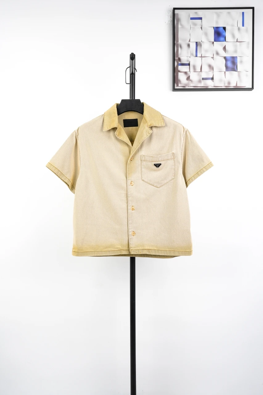 Prada Beige Distressed Short Sleeve Shirt Jacket product photo from LabelPicks