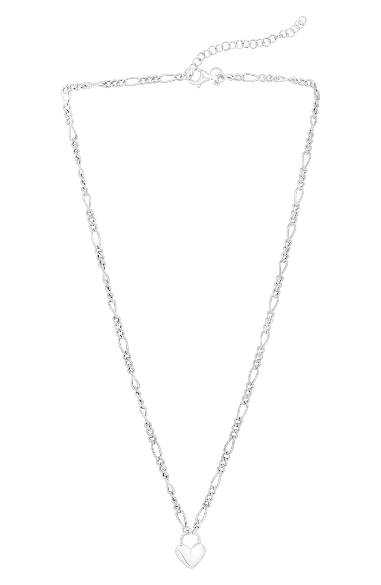 KARAT RUSH Rhodium Plated Sterling Silver Figaro Chain Heart Pendant Necklace