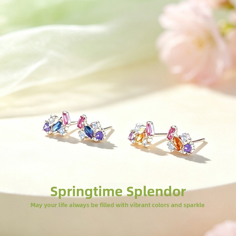 925 sterling silver spring flower earrings for women, featuring colorful cubic zirconia, small and delicate design, with a unique and sophisticated style