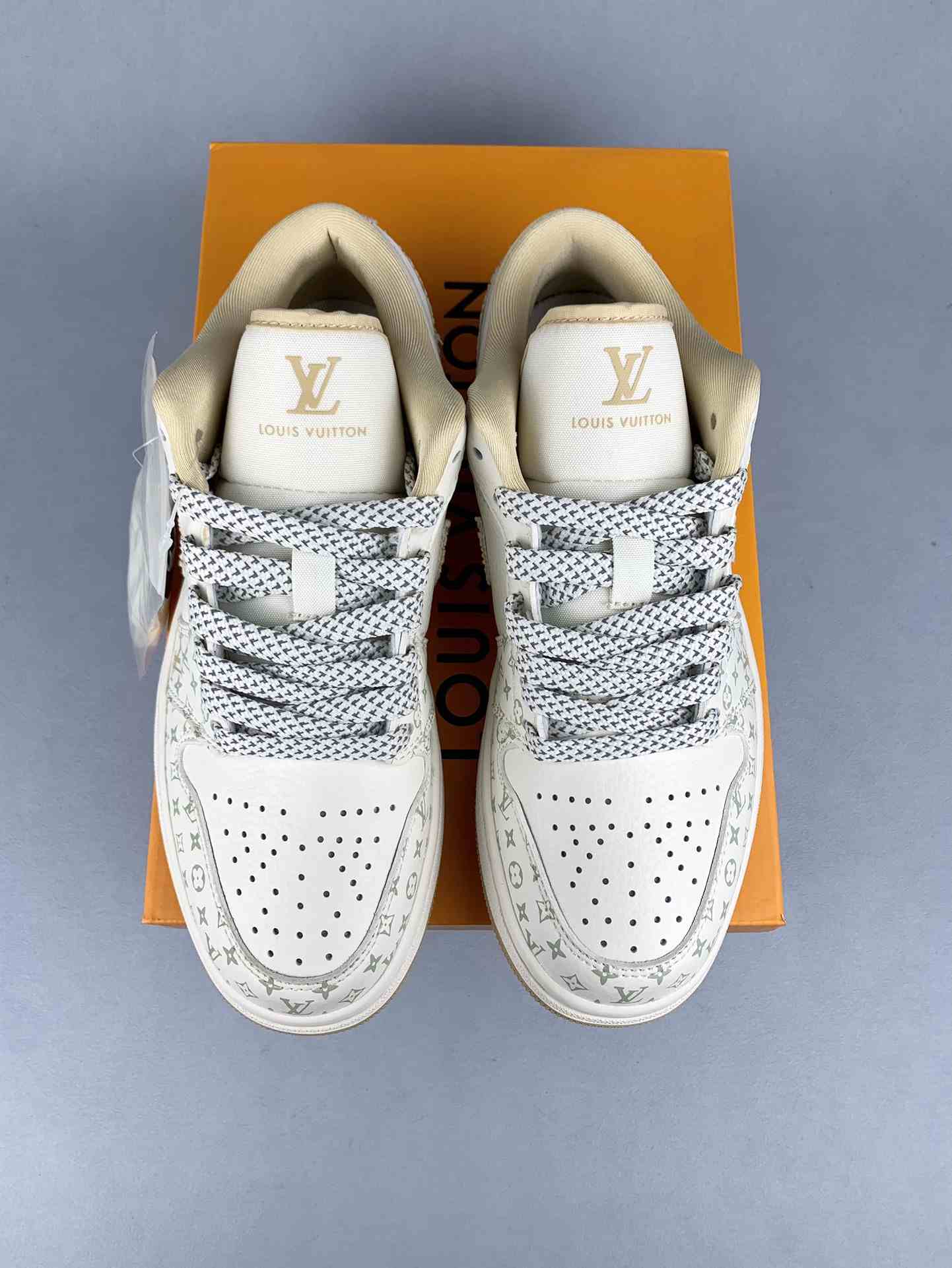 Louis Vuitton-Style Air Jordan 1 Low - White and Khaki