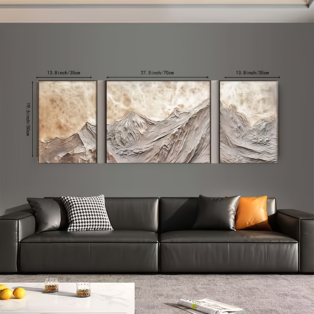 A Set of Three Frameless 100% HD Hand-Painted Decorative Oil Paintings Featuring a Minimalist Abstract Mountain Landscape with a Three-Dimensional Thick Knife Technique and Texture