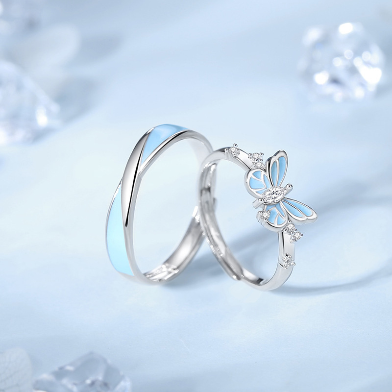 Original luminous butterfly couple rings, sterling silver, unique design, atmospheric Möbius ring with enamel accents, adjustable opening