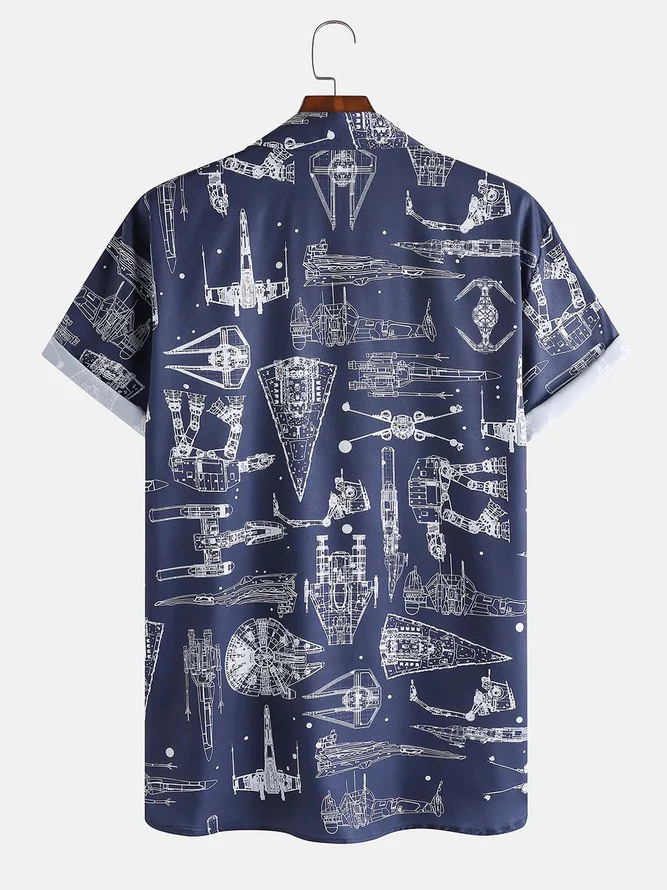 Mens Aerospace Machine Print Casual Breathable Short Sleeve Hawaiian Shirt