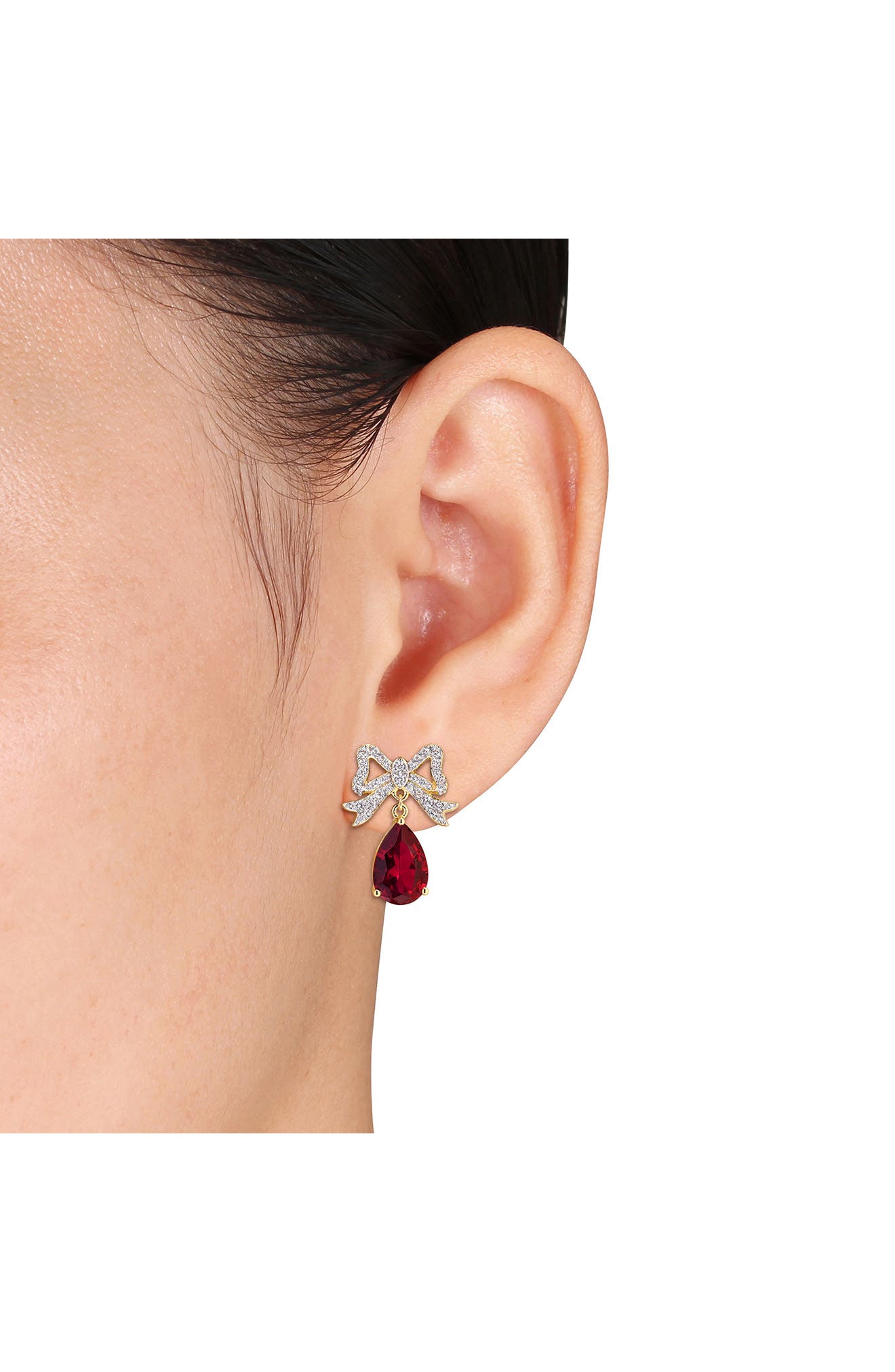 DELMAR Lab-Grown White Sapphire & Lab-Grown Ruby Bow Drop Earrings
