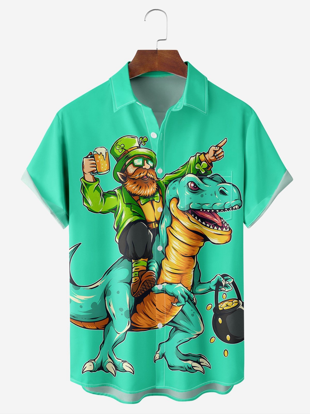 St. Patrick's Day Dinosaur Chest Pocket Short Sleeve Casual Shirt