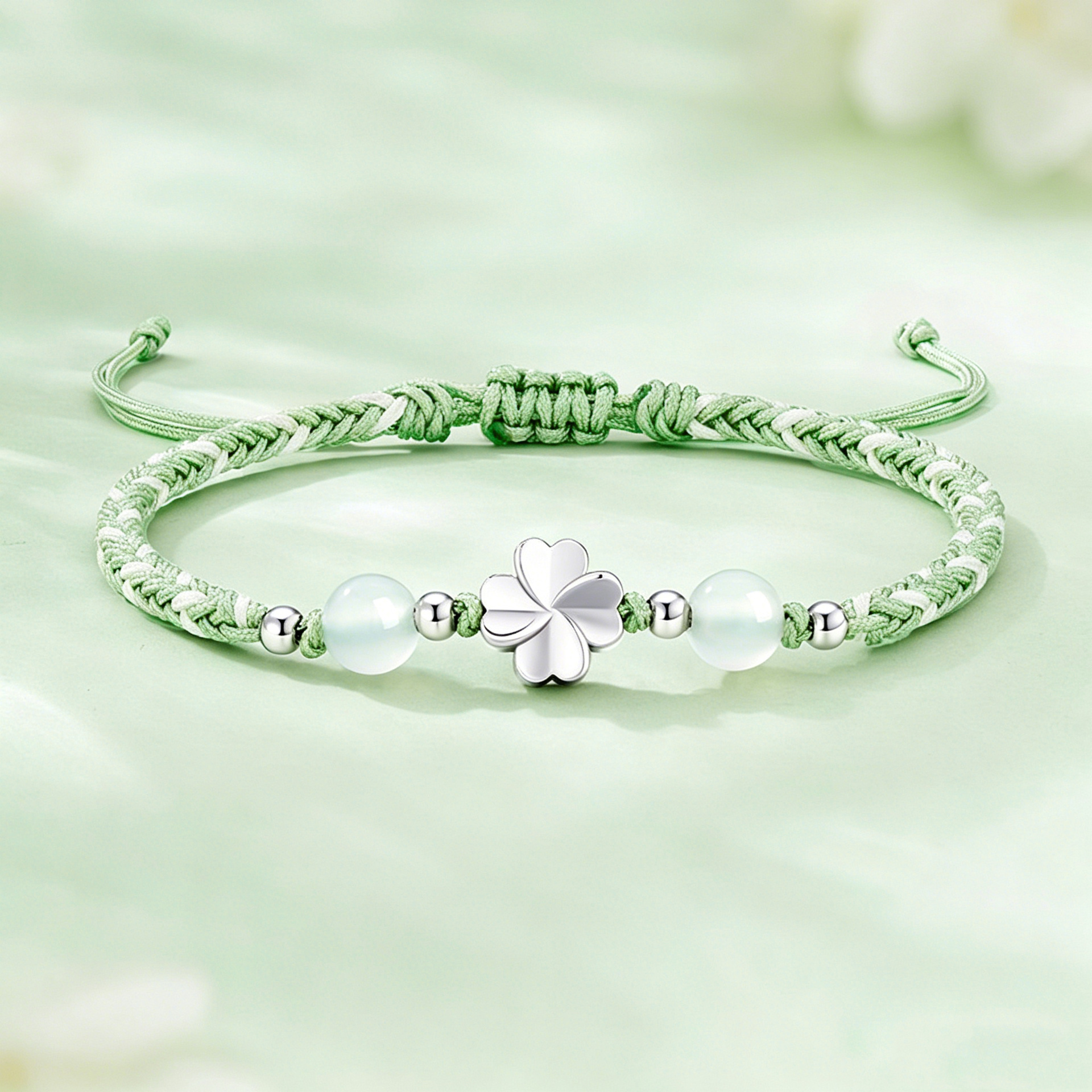 Lucky Four-Leaf Clover Bracelet, 925 Sterling Silver, Korean Style, Simple, Ins-Inspired, Pastoral Style, Braided Bracelet, Women's Bracelet with Round Jade Beads