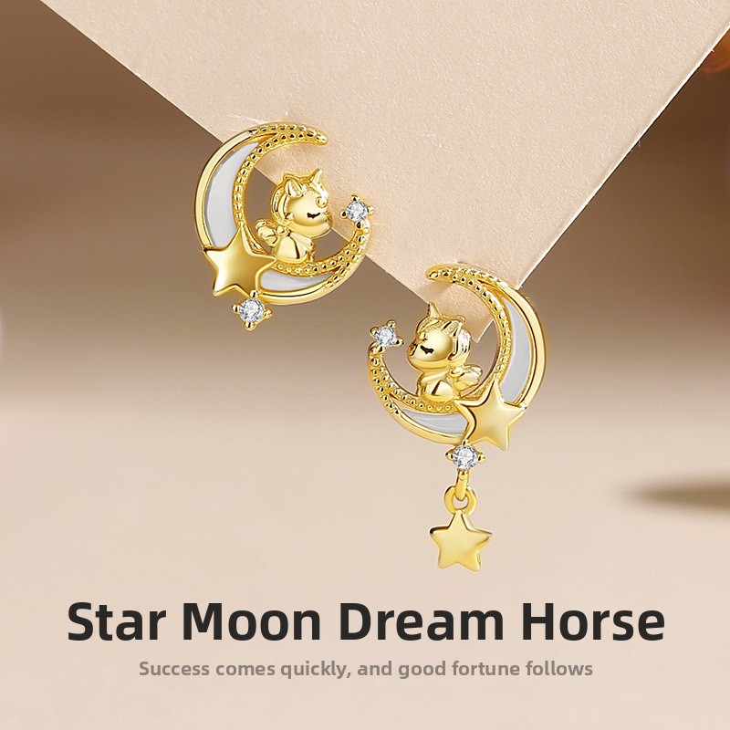 Original Star and Moon Cute Horse Earrings for Women, Pure Silver, Unique Design, Year of the Horse Unicorn Earrings, Girly Heart Style, Mother-of-Pearl Earrings