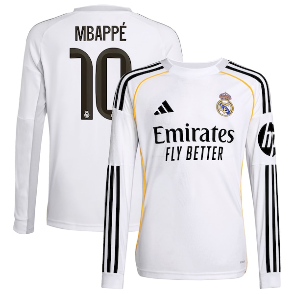 Kylian Mbappé Los Merengues adidas Youth 2025/26 Home Replica Long Sleeve Player Jersey - White