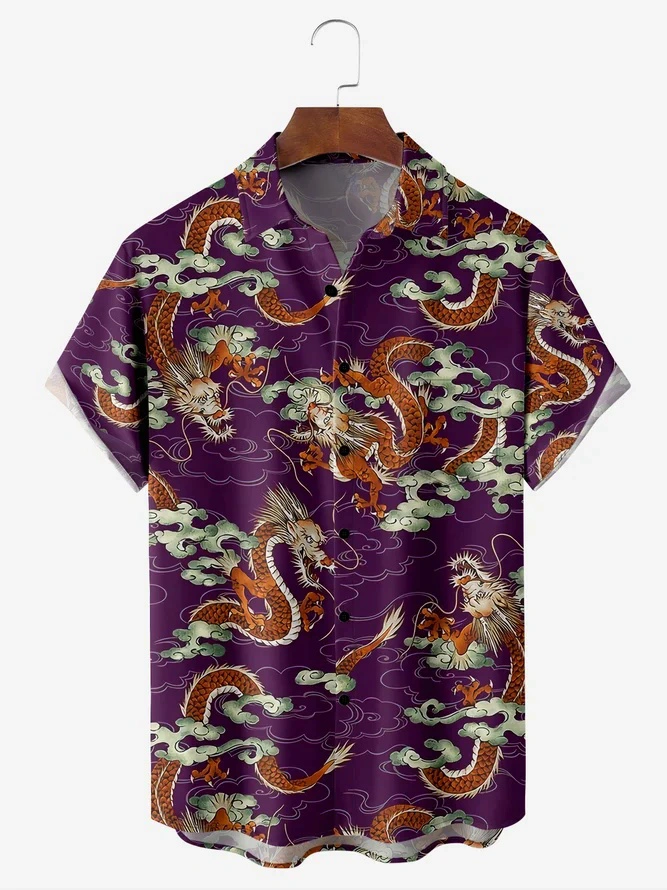 The Year Of Dragon Purple Chest Pocket Short Sleeve Hawaiian Men's Shirt