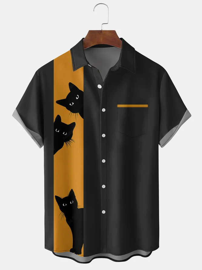 Men's Halloween Elements Cat Graphic Print Short Sleeve Shirt