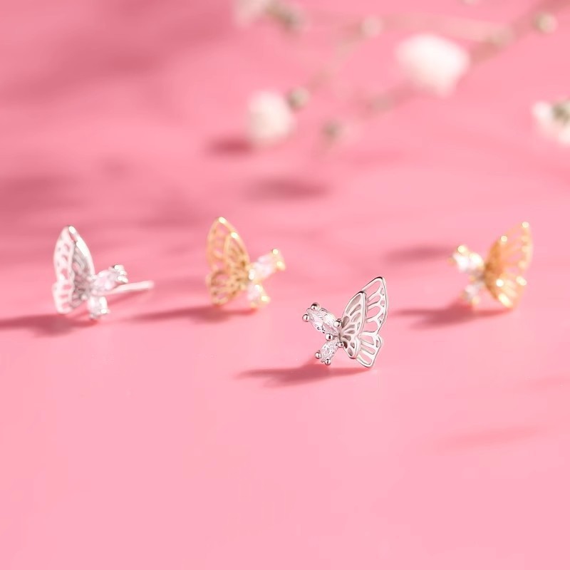 925 sterling silver hollow three-dimensional butterfly earrings, a delicate and cute pair of earrings in a forest-inspired style, featuring tiny cubic zirconia stones