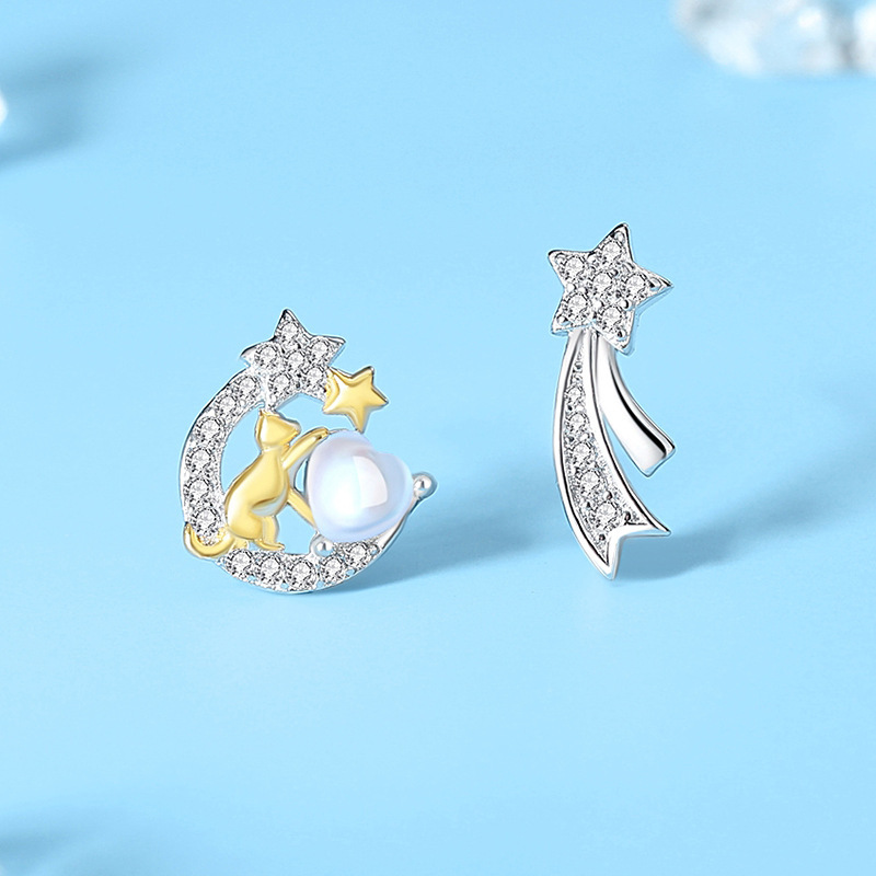 925 Sterling Silver Moon Star Cat Stud Earrings| Moonstone Jewelry