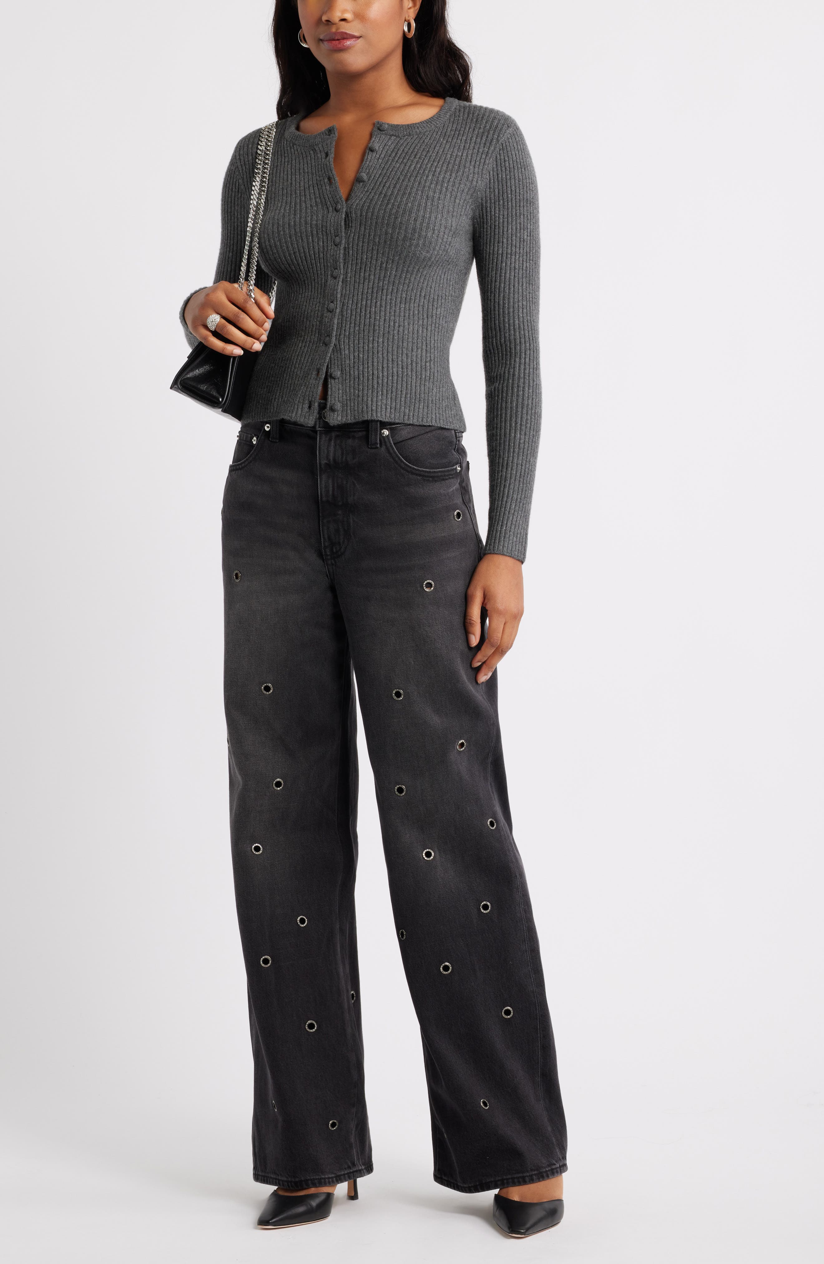 Open Edit Ribbed Crewneck Cardigan