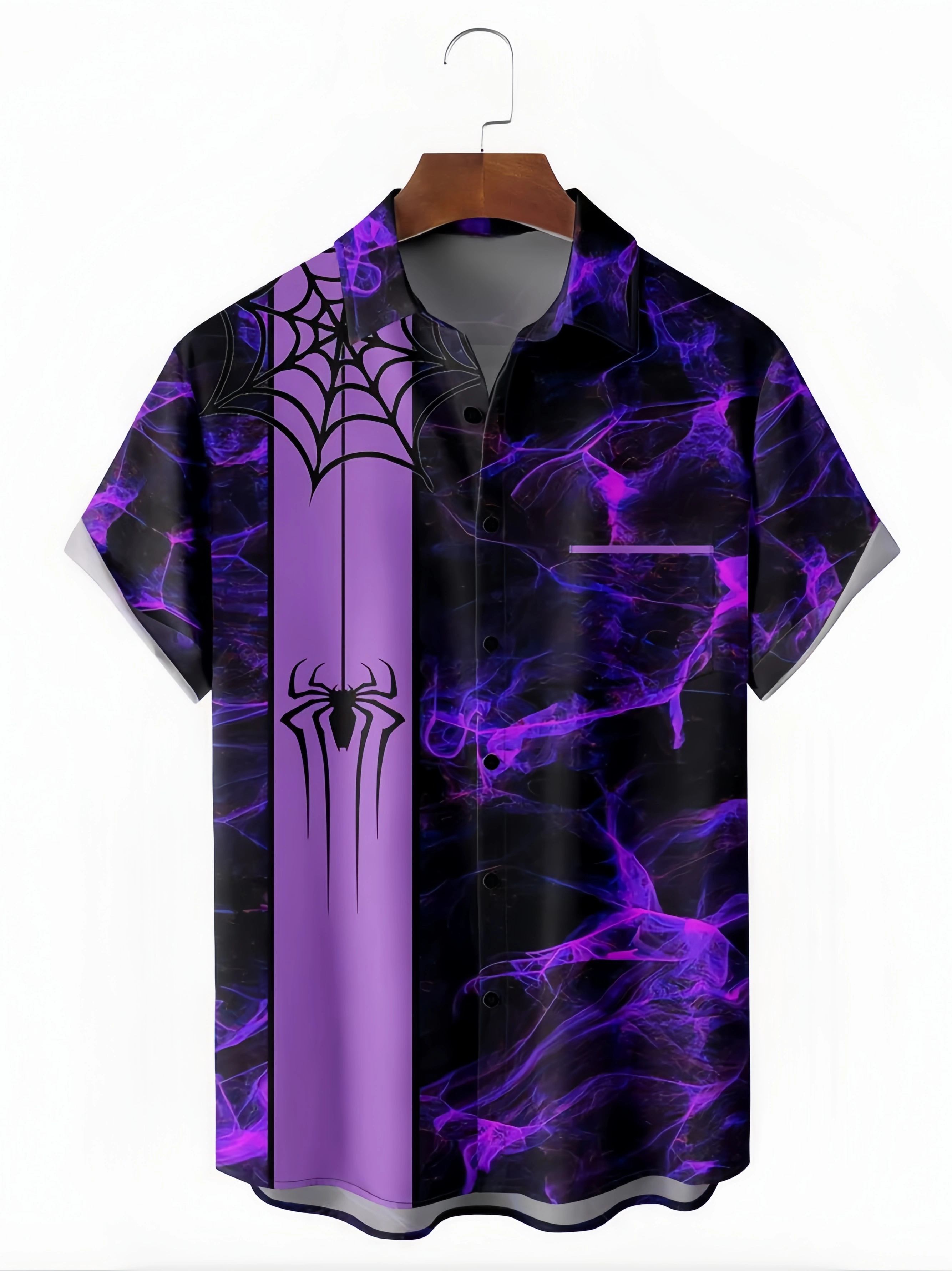 Halloween Spider Chest Pocket Short Sleeve Bowling Shirt