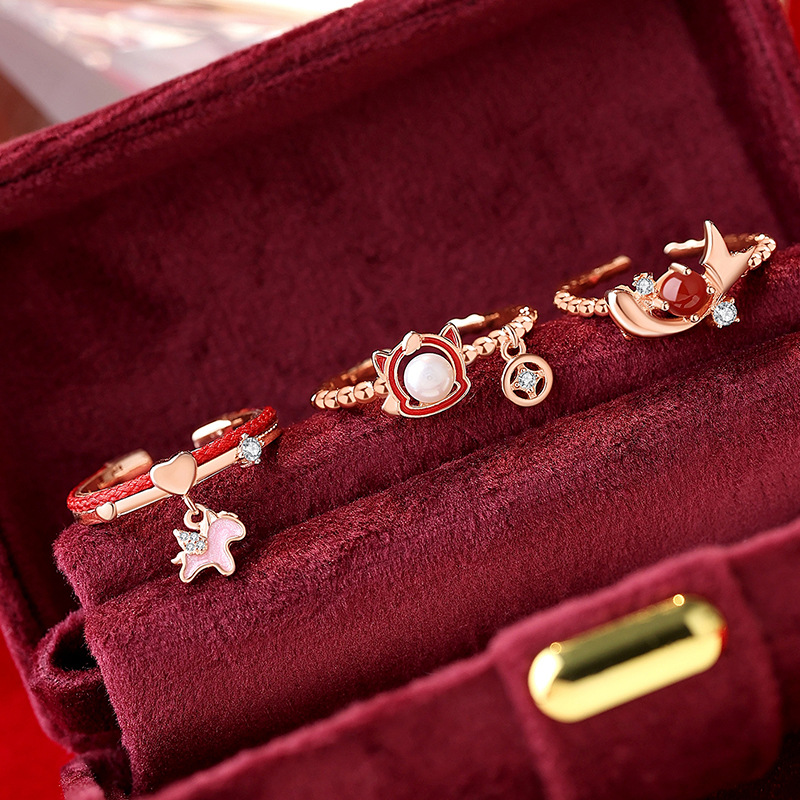 Original Lucky Horse Pearl Ring for Women, Pure Silver, Chinese Style, New Chinese Style, Heart-Shaped Unicorn Red Rope Ring, Index Finger Ring