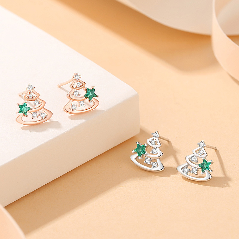925 Sterling Silver Christmas Tree Stud Earrings| Holiday Gift Jewelry
