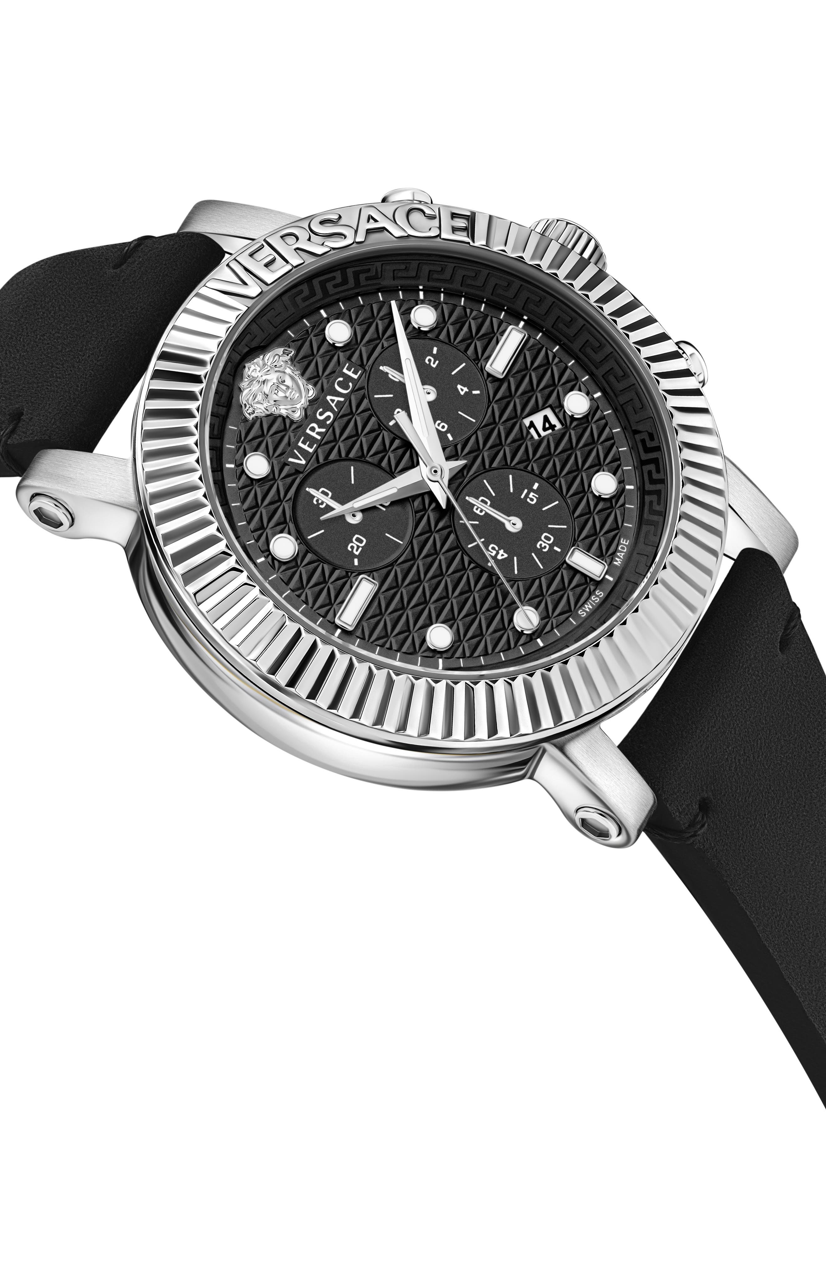 Versace Three-Hand Quartz Leather Strap Watch, 45mm