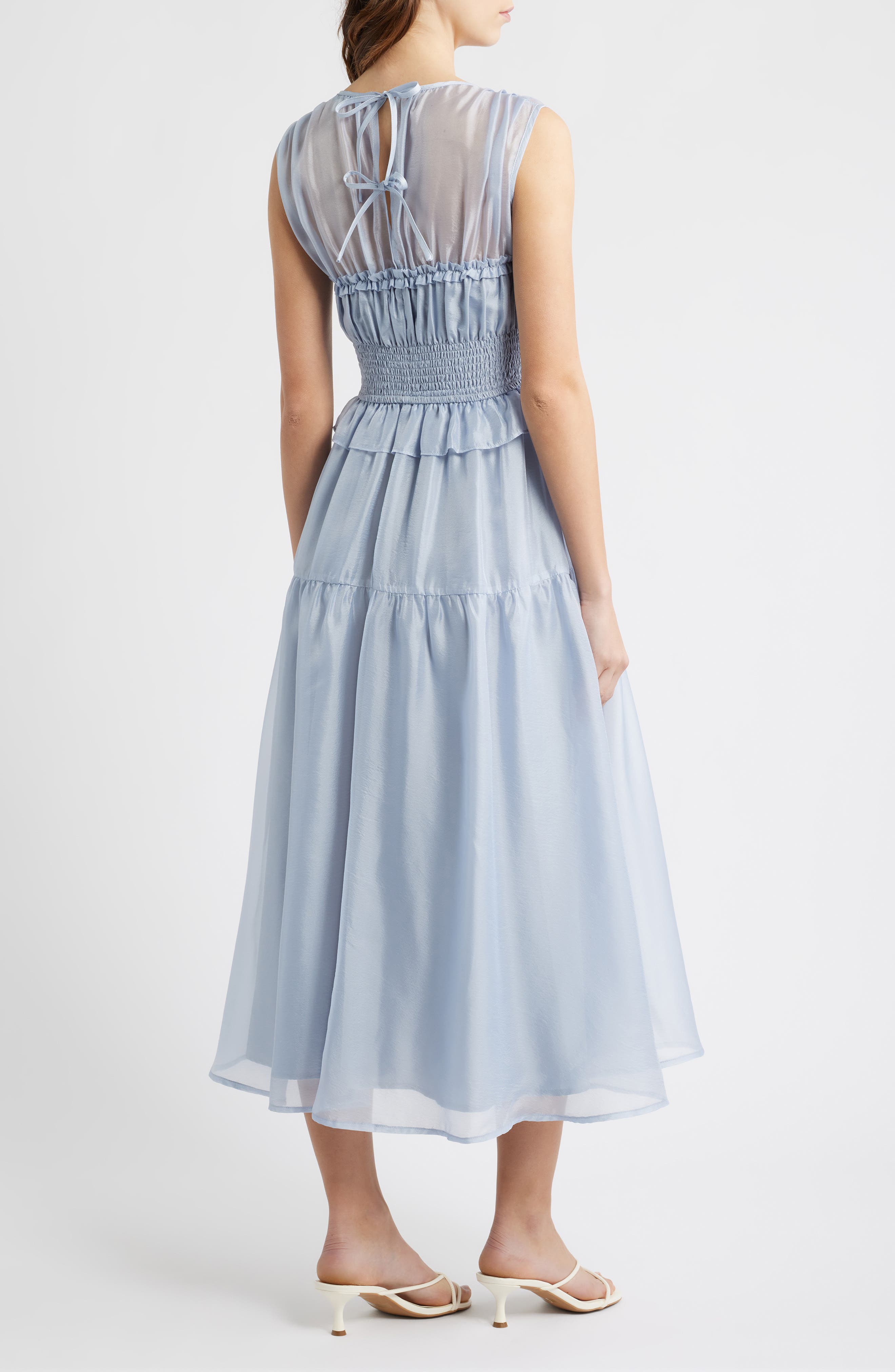 MOON RIVER Semi Sheer Yoke Gathered Peplum Midi Dress