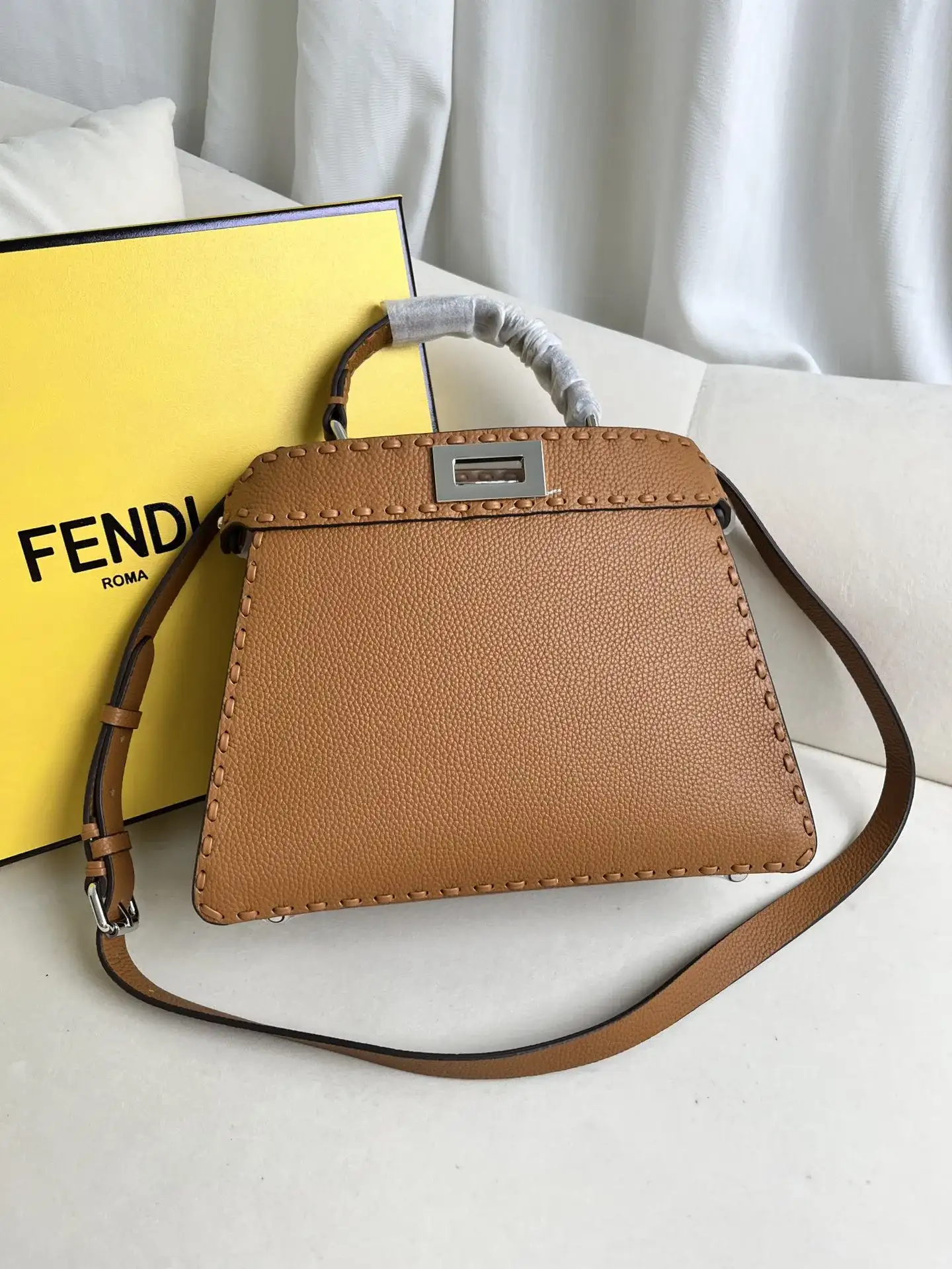 Fendi Peekaboo Brown Grained Leather Shoulder Bag product photo from LabelPicks