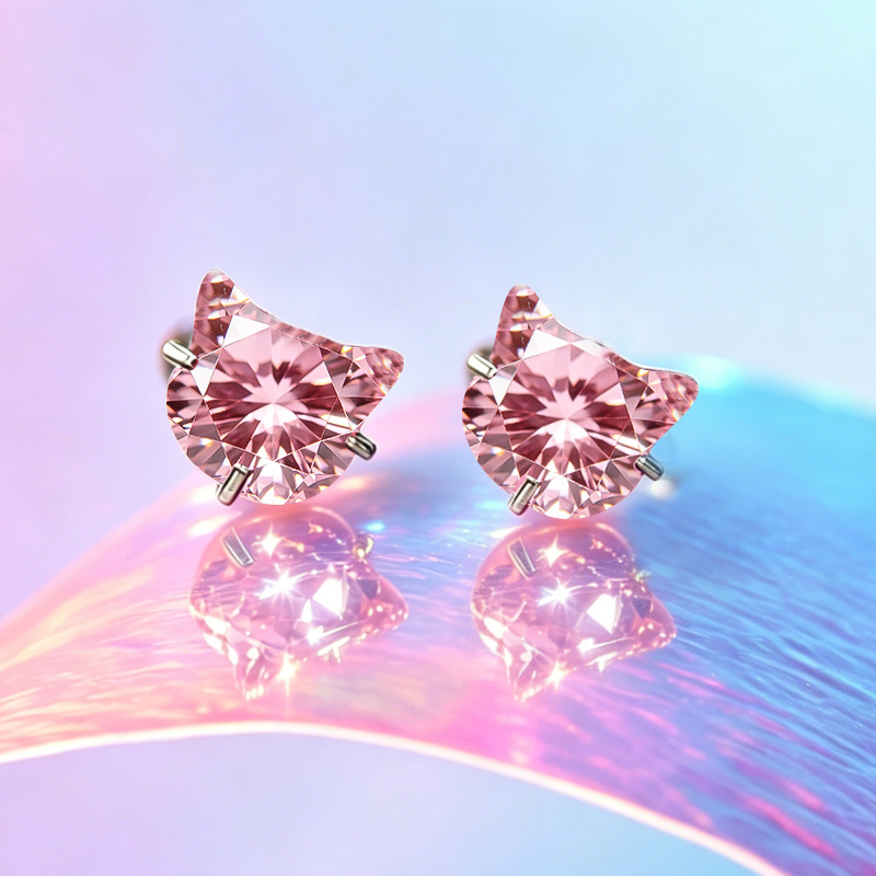 Cat-shaped zircon earrings 925 sterling silver Korean style cute girly niche design earrings spring-summer geometric ear accessories