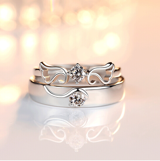 Couple ring couple ring couple ring man and woman open mouth wedding ring diamond ring pair ring engraved Chinese Valentine's Day gift angel wing pair ring