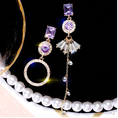 Diamond inlay Silver needle Earrings women's long cool wind asymmetric Earrings