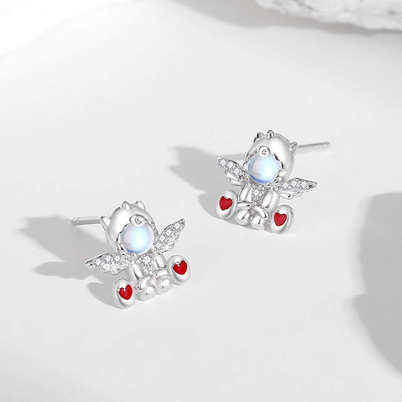 Original design, heart-shaped unicorn earrings for women, unique and stylish angel earrings, 925 sterling silver, moonstone earrings for girls