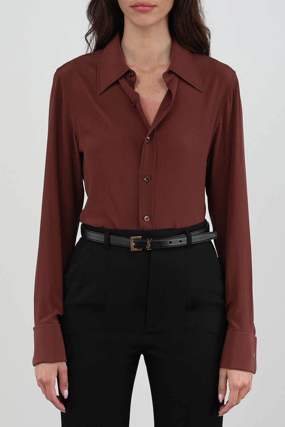 SAINT LAURENT חגורת עור שחורה עם אבזם מונוגרמי
