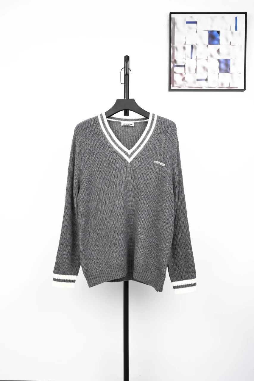 Miu Miu Grey White Trim Logo V Neck Sweater product photo from LabelPicks