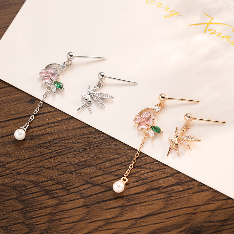 Original 925 sterling silver flower elf earrings for women, summer forest style asymmetrical tassel earrings, fresh and delicate ear accessories