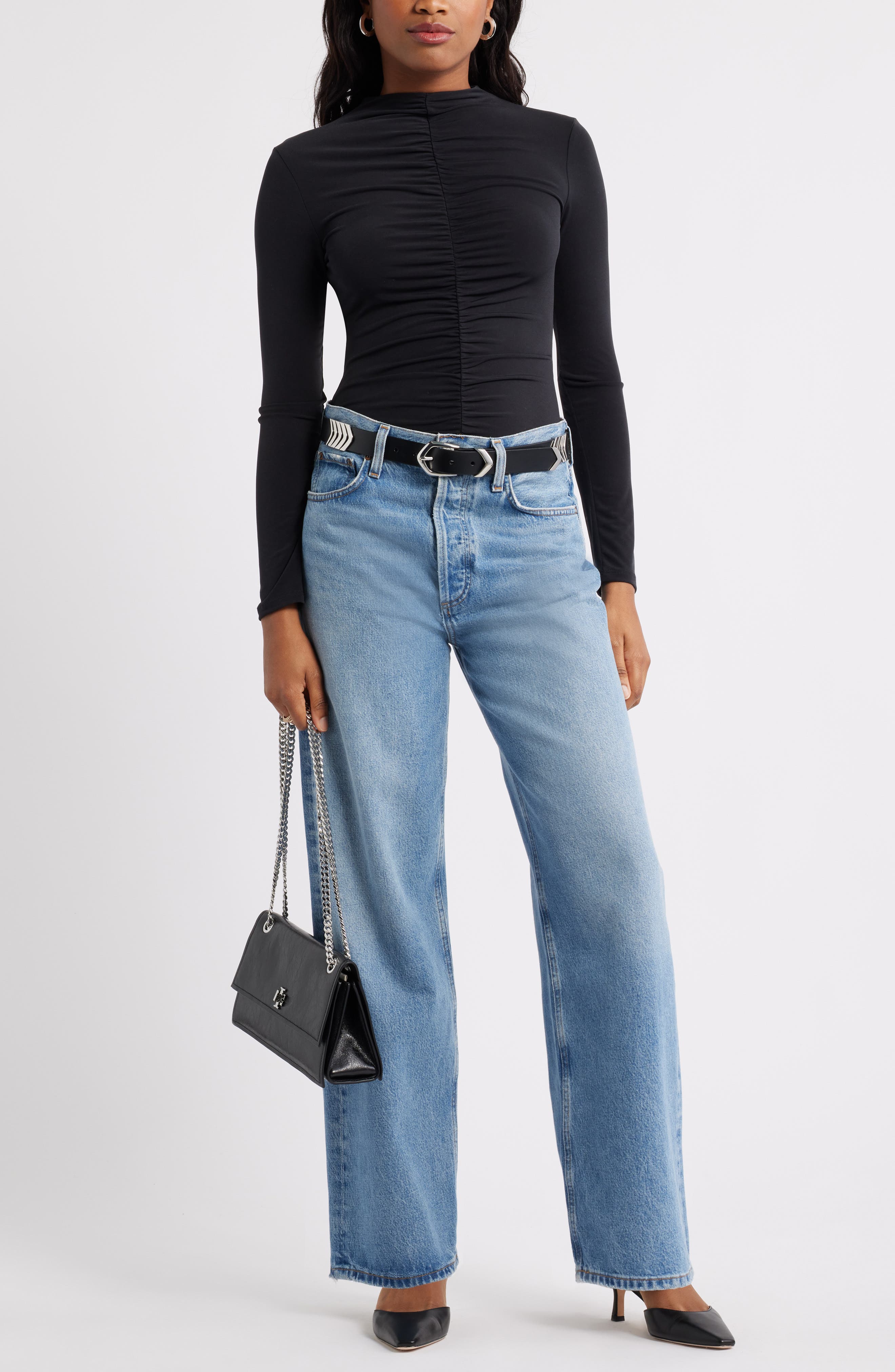 Open Edit Shirred Mock Neck Top