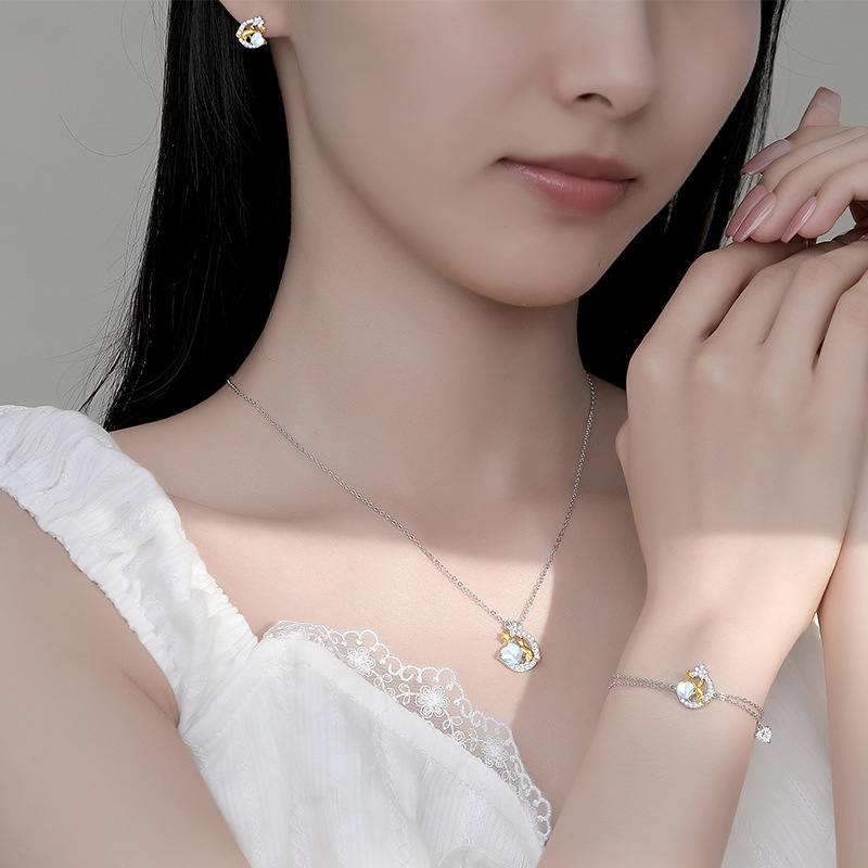 925 Sterling Silver Moon Star Cat Stud Earrings| Moonstone Jewelry