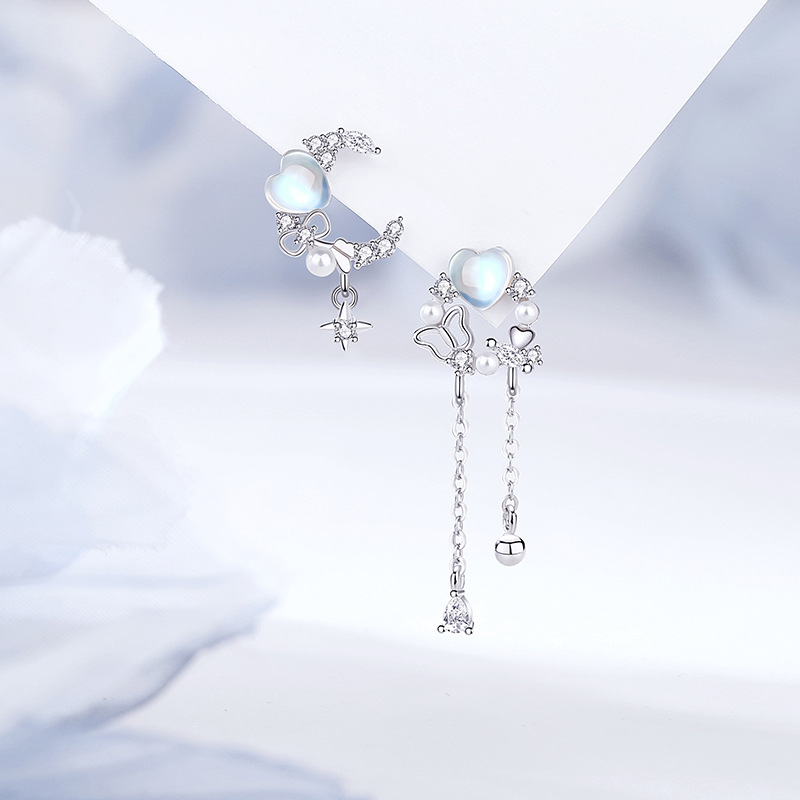 Original Moonstone Butterfly Heart Earrings for Women, 925 Sterling Silver, Forest Style Irregular Tassel Earrings, Ins Niche Design